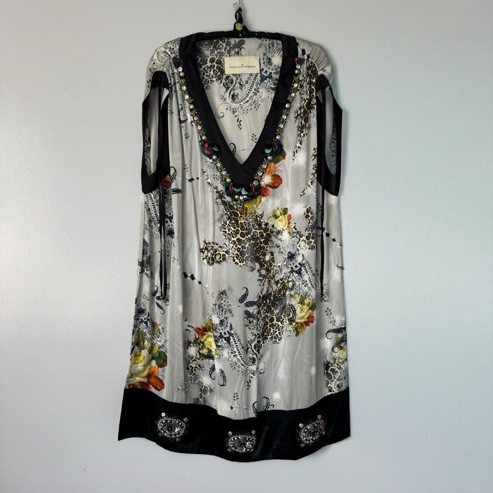 Stunning Shane Peacock Leopard/Floral Gray Embellished Silk Tunic Dress Sz M